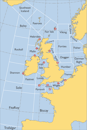 regio’s van de UK Shipping Forecast (BBC Radio 4) - kaart: Emoscopes @ Wikimedia Commons, CC by-sa (bewerkt door JudyElf)