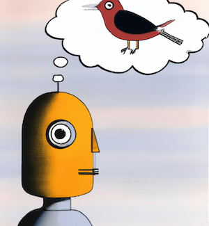 robot denkt aan vogel - illustratie: DALL-E & JudyElf, CC by-nc-sa