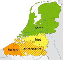 kaart: patat, friet, frieten, gebaseerd op kaart Jan Stroop, Meertens Instituut 1972 - Cavit @ Wikimedia Commons, CC by-sa